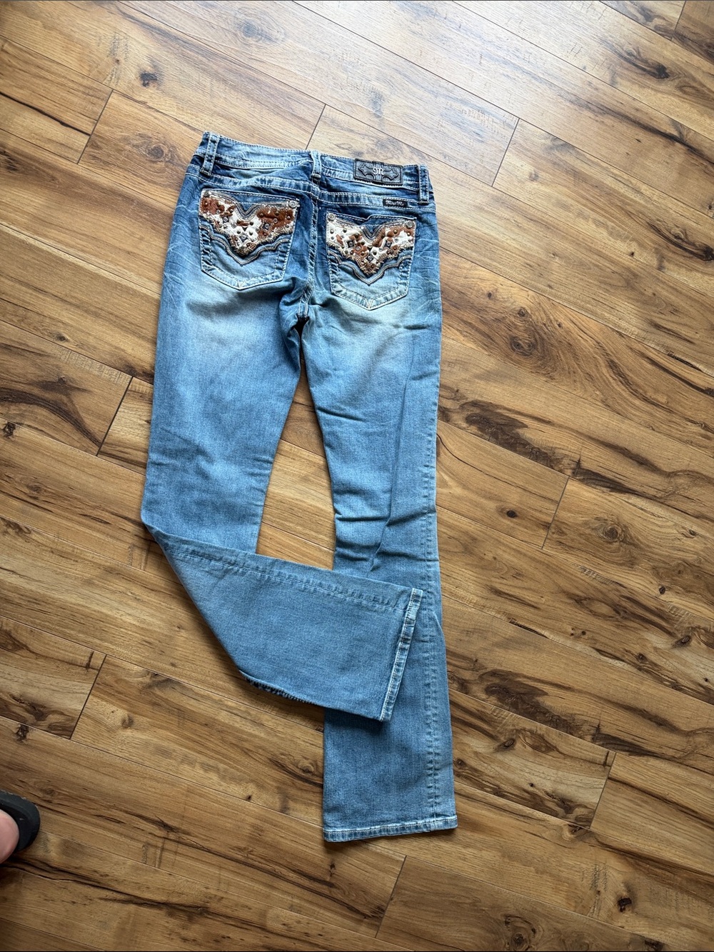 Miss Me Light Blue Boot Cut Jeans with Embellished Back Pockets Chloe style